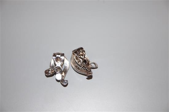 A modern pair of 18ct white metal and diamond set earclips, 29mm, gross 11.2 grams.